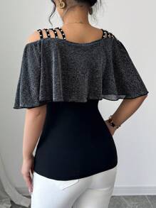 Selianne 女士时尚优雅休闲性感短袖 T 恤，V 领，荷叶边肩带，镂空肩部，串珠细节，黑色针织面料，修身剪裁，有弹性 - 黑色 - 查看 2