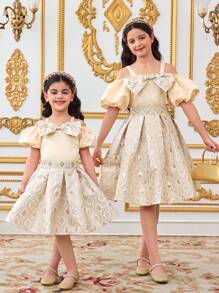 SHEIN Tween-Mädchen 2-teiliges Set, eleganter Anzug mit offener Schulter, Puffärmeln, Schleife, Bluse und Rock