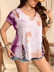 SHEIN LUNE Camiseta de manga corta con cuello en V y dobladillo decorado con lazo, estampado tie-dye, talla grande