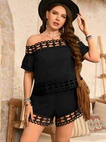 SHEIN LUNE Plus Size Women Textured Casual Vacation 2 Pieces Set Off Shoulder Cut Out Top & Shorts Concert Outfit - Black - View 7