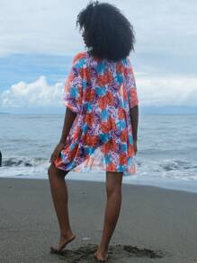 SHEIN Swim Vestido pareo con estampado de hoja grande tropical y colorido, con cordón en el centro para mujer - Multicolor - Ver 2