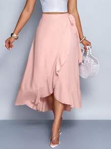 SOLERSUN Solid Wrap Hem Tie Side Skirt Women Skirt - Baby Pink - View 4