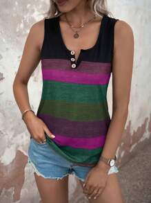 EMERY ROSE Color Block Button Detail Notched Neck Tank Top Graphic Tees