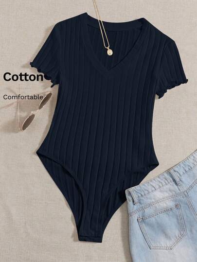SHEIN EZwear Solid Ribbed Knit V Neck Bodysuit For Summer