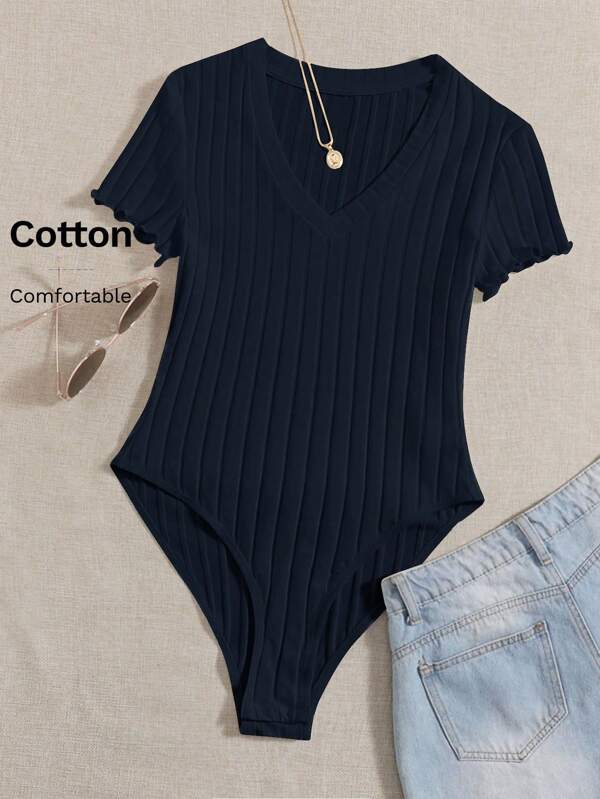 SHEIN EZwear Mono De Punto Acanalado Sólido Con Escote En V Para El Verano