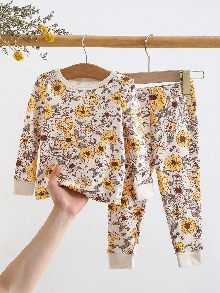 SHEIN 2件套女婴碎花印花修身长袖上衣和长裤家居服套装,杏色修身夏季女婴服装套装,春夏服装 - 黃色 - 查看 1