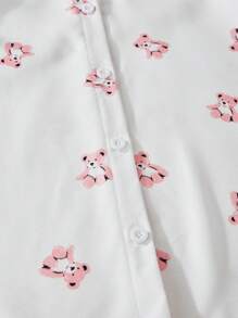 Set de 2 piezas con blusa de manga corta con estampado de oso de peluche blanco y falda pleateada rosa para niñas, estilo coreano para primavera/verano