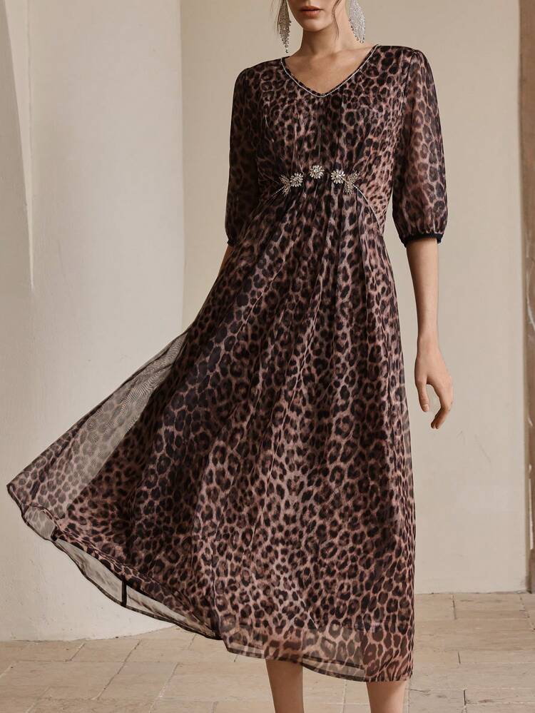 Women's Leopard Print Soft Mesh Rhinestone Decor Dress, Spring/Summer Outfits