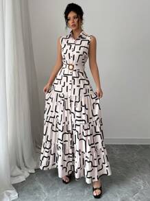 Elenzga New V-Neck Graphic Print Button Sleeveless Tie Cinched Waist Women Dress - Apricot - View 3