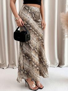 SHEIN Clasi Women's Elegant Snake Skin Print Skirt, Spring/Summer - Khaki - View 5