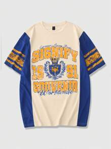 ROMWE MEN Prep Camiseta Masculina com Gola Redonda, Recorte em Tela de Contraste de Cor e Estampa de Letra