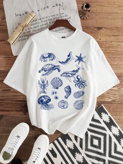 Manfinity Joysei Camiseta recta de hombre de talla estándar con estampado de vida marina, adecuada para primavera y verano