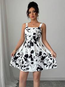 Elenzga 女士优雅花卉印花迷你连衣裙 - 黑與白 - 查看 4