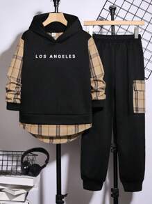 SHEIN Leap Crew Tween Boys Plaid Splice Black Hoodie Sweatshirt And Pants 2 Pieces Set, Can Match Boys Winter Coat, Kids Winter Clothes, Boys Long Sleeve Shirt, Christmas Sweatshirt, Christmas Pants, Boys Jacket, Long Sleeve Blouse - Black - View 1