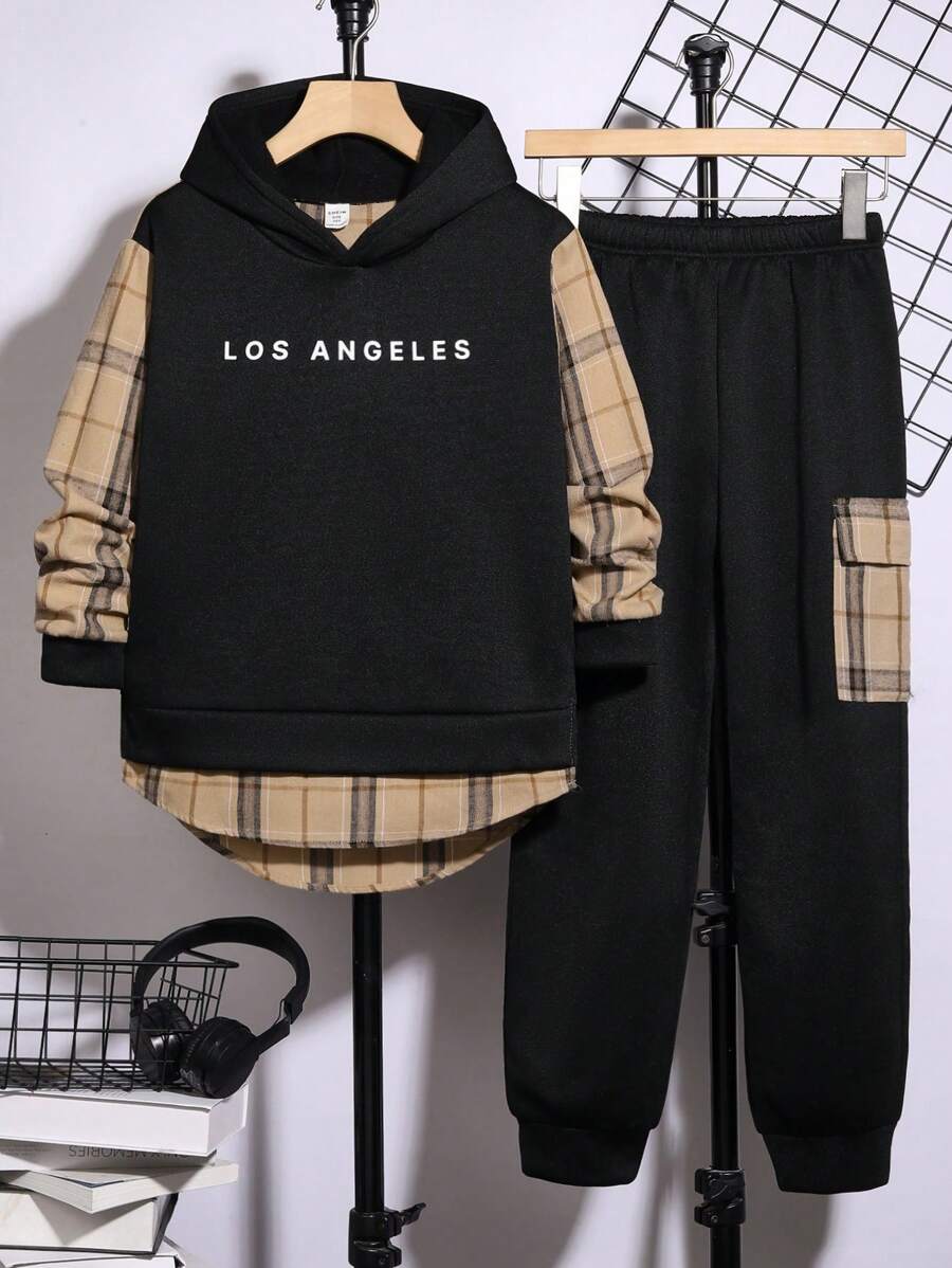 SHEIN Leap Crew Tween Boys Plaid Splice Black Hoodie Sweatshirt And Pants 2 Pieces Set, Can Match Boys Winter Coat, Kids Winter Clothes, Boys Long Sleeve Shirt, Christmas Sweatshirt, Christmas Pants, Boys Jacket, Long Sleeve Blouse - Black - View 1