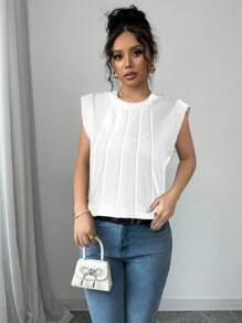 Chiquease Women White Round Neck Ruched Cap Sleeve T-Shirt - White - View 3