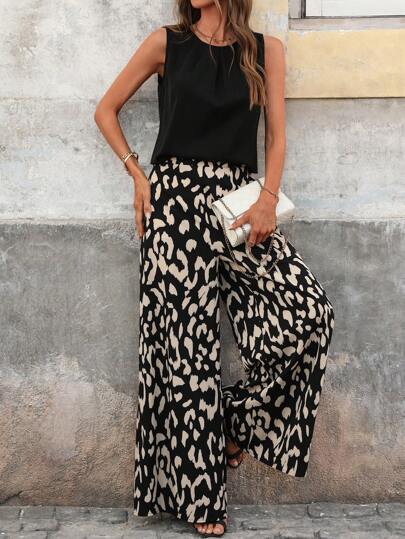 SHEIN Clasi Summer Holiday Outfits  2 Pieces Set Women Elegant Vacation Comfort Loose Solid Color Camisole And Leopard Print Wide Leg Pants Set Summer Outfits For Women Leopard Chiffon