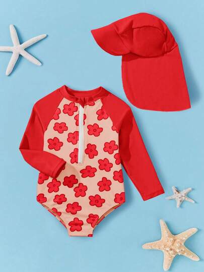 SHEIN Baby Girl Floral Print Long Sleeve Half-Zip Front Casual Beach Romper With Matching Hat