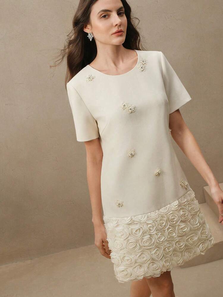 Women's 3D Rose Patchwork Sequin Flower Decor Crew Neck Short Burgundy Color Mini Dress, Suitable For Party, New Year Eve