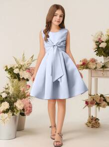 Tween Girls Princess Dress, Elegant Sleeveless Girl Birthday Party Wedding Flower Girl Bridesmaid Dress With Bowknot - Blue - View 4