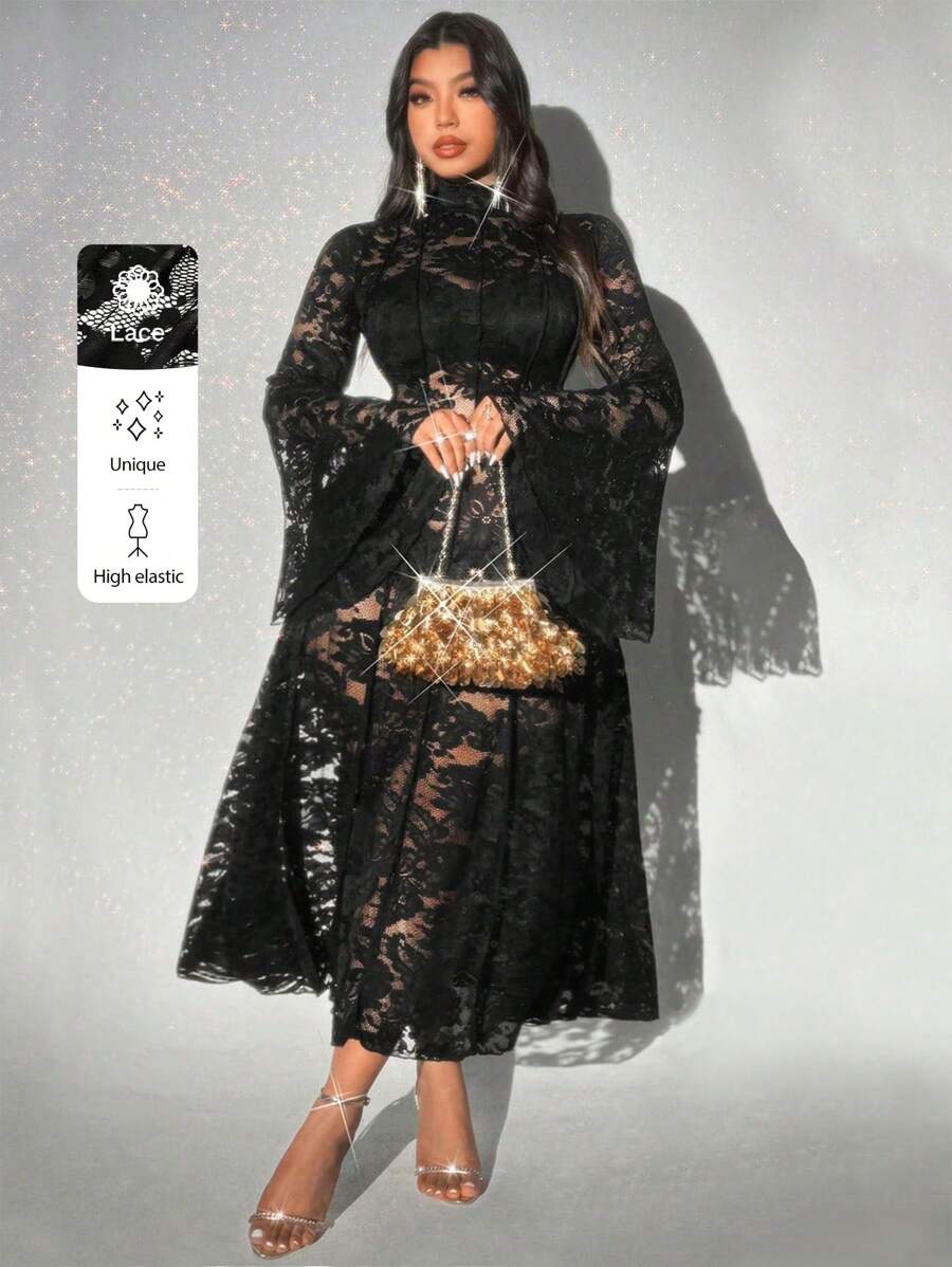 Viva Relle Vestido de talla grande para mujer con mangas de campana de encaje elástico y ajustado sexy de largo maxi