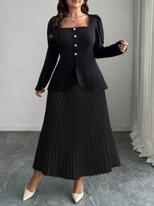 Elenzga 2pcs/Set Women Plus Size Single-Breasted Square Collar Long Sleeve Top And Pleated Midi Skirt