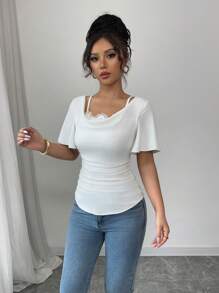 Chiquease 二合一花卉拼布吊带背心上衣荷叶边设计修身针织衬衫，女式，春夏