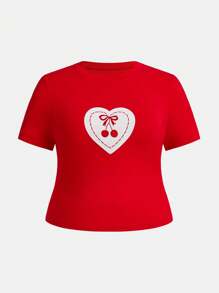 SHEIN ICON Plus Size Red Heart & Bow Cherry Print T-Shirt, Ideal For Valentine's Day - Red - View 1