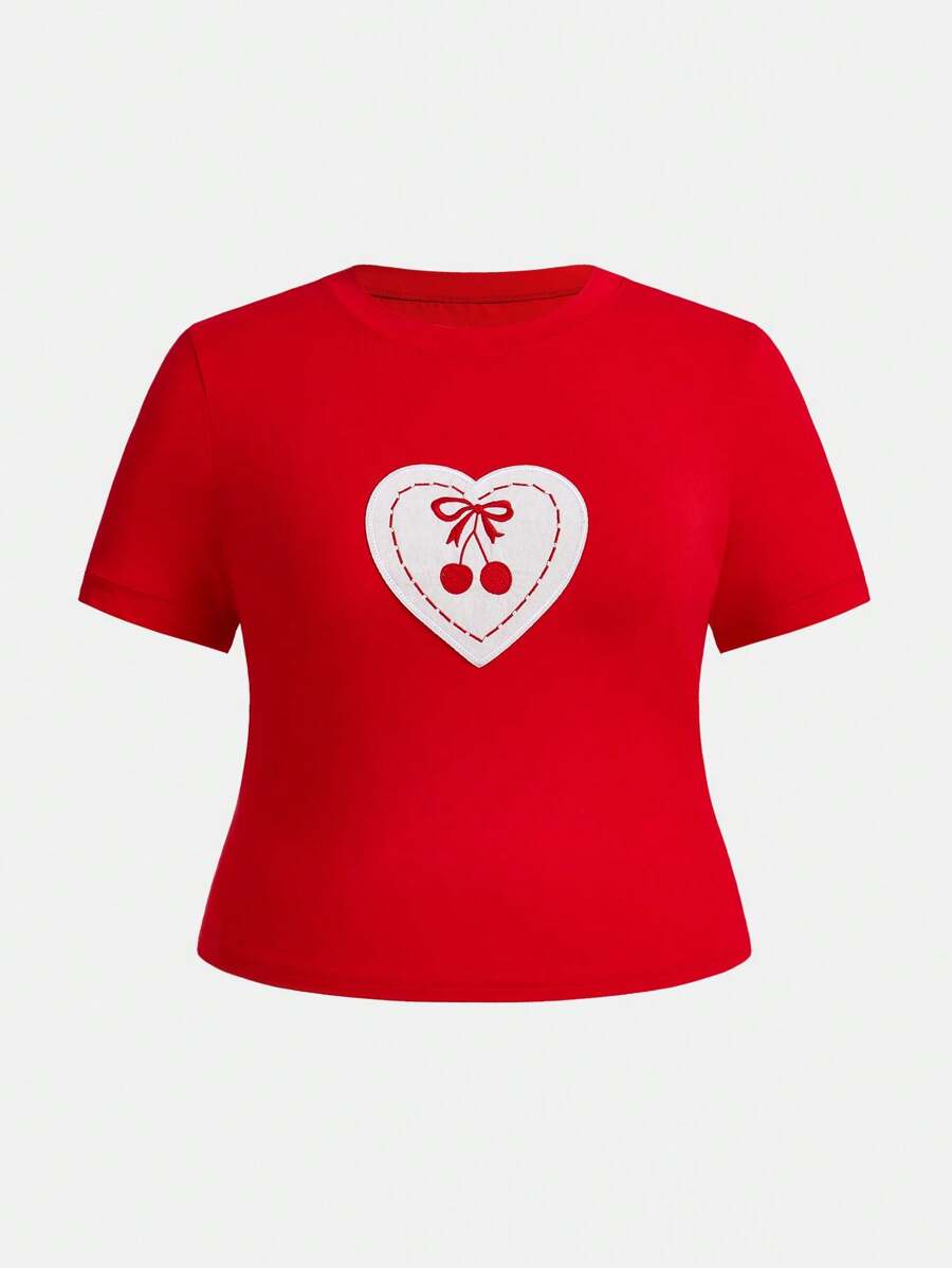 SHEIN ICON Plus Size Red Heart & Bow Cherry Print T-Shirt, Ideal For Valentine's Day - Red - View 1