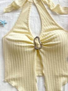 Soleia 休闲露背系带金属扣合身不对称下摆吊带背心，适合度假、约会、下午茶、度假、音乐节、波西米亚风