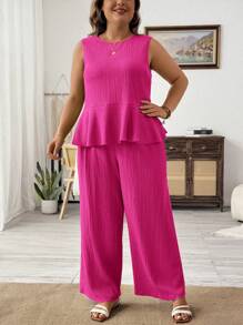 SHEIN LUNE Plus Size Women 2pcs/Set Solid Color Round Neck Ruffle Hem Sleeveless Top And Wide Leg Pants Casual Suit - Hot Pink - View 3