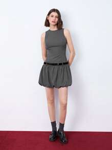 Maija 女士灰色早春纯色圆领无袖低腰荷叶边下摆优雅时尚紧身迷你连衣裙，适合日常穿着、通勤、情人节 - 灰色 - 查看 8