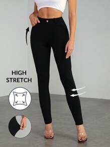 SHEIN Tall Casual Versatile Solid Color Slim Fit Pants - Black - View 1