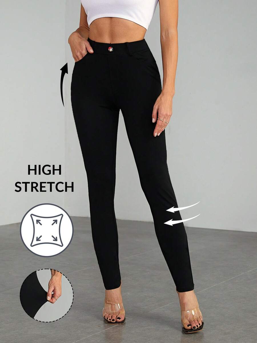 SHEIN Tall Casual Versatile Solid Color Slim Fit Pants - Black - View 1