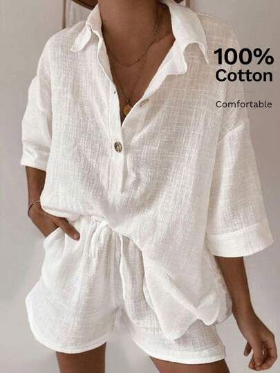 SHEIN EZwear White Woven Women Summer Plain Drop Shoulder Loose Shirt And Shorts Casual Set