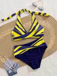 Swim Lushoire Conjunto de bikini de mujer con cuello halter y Bottom de triángulo de cintura alta