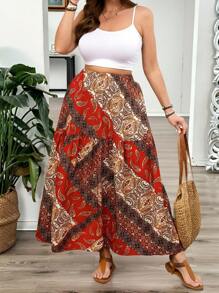 Breezaya Plus Size Women Multicolor Floral Print Elastic Waist Ruffle Hem Beach Vacation Skirt, Versatile Fashion Design, Spring/Summer New Arrival