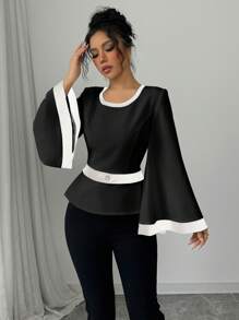 Elenzga Women's Elegant Commuting Color Block Flared Cuff Blouse