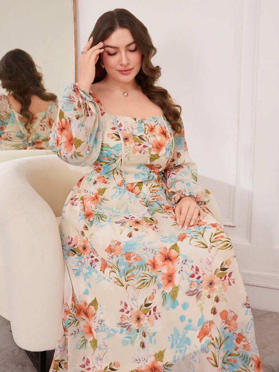 Modelyn Robe chiffon à fleurs marguerite avec encolure carrée, manches longues évasées et taille marquée pour femmes grande taille