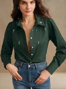 Anewsta 春夏优雅派对休闲通勤绿色水钻装饰女士长袖衬衫，情人节假期 - 墨綠色 - 查看 5