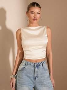 SHEIN BAE 乡村节日服饰 海滩女士服饰 夏季服饰 露背领结上衣 - 杏色 - 查看 6