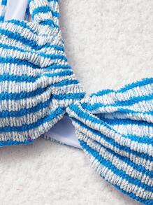 SHEIN MOD Blue Striped Ruched Bandeau Bikini Top With Asymmetrical Neck Design, Beach Vacation Outfits Woman, Beach Outfits For Woman,Sexy ,Coquette ,Tropical  ,Vacation ,Beach Vacation Outfits, - Blue - View 5