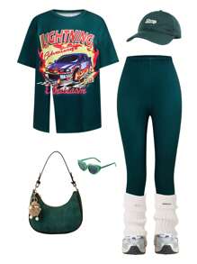 SHEIN Sparklyn 2pcs/Set Teen Girls Casual Printed T-Shirt And Pants Set, Crew Neck Short Sleeve Top With Fashionable Car, Digital, Flame Graphics, Stylish And Look, Suitable For Spring/Summer - Dark Green - View 4