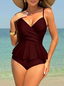 Swim Lushoire Conjunto de 2 piezas de tankini de traje de baño con parte superior triángulo y Bottom con volantes y cruz retorcida en color liso