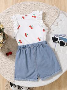 SHEIN Explorewe 2pcs Tween Girl Crew Neck Ruffled Sleeve Cherry Print Tank Top And Elastic Waist Embroidered Distressed Denim Shorts Set, Spring/Summer,Holiday,Summer,Travel - Multicolor - View 2
