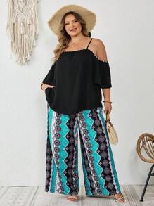 SHEIN CURVE+ Plus Size Women Summer Open Shoulder Short Sleeve Blouse And Floral Print Wide Leg Pants 2 Pieces Set Boho Vacation