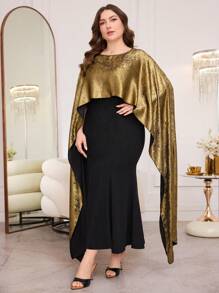 Modelyn Women Plus Size Metallic Color Block Poncho Design Fishtail Hem Elegant Dress