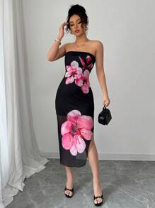 Elenzga Women's Strapless Flower Print Sexy Dress