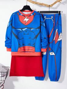 SHEIN Set de 3 piezas para niño preadolescente con sudadera con capucha con gráfico de superhéroe, pantalones y capa, adecuado para ir y venir, la escuela, casual, deportes, otoño/invierno