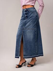 Forever 21 全新 直筒前开衩休闲复古水洗女式长款牛仔 A 字裙 - 藍色 - 查看 4